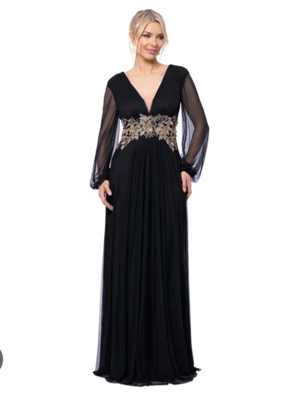 Black Long-Sleeve V-Neck Evening Gown with Gold Waist Appliqué